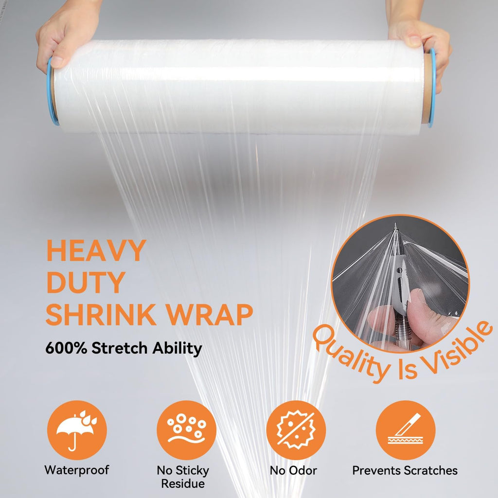 Stretch Film Shrink Wrap Roll for Moving 18" x 1500', 4 Rolls | Industrial Plastic Saran Wrap Roll, 80 Gauge, 600%