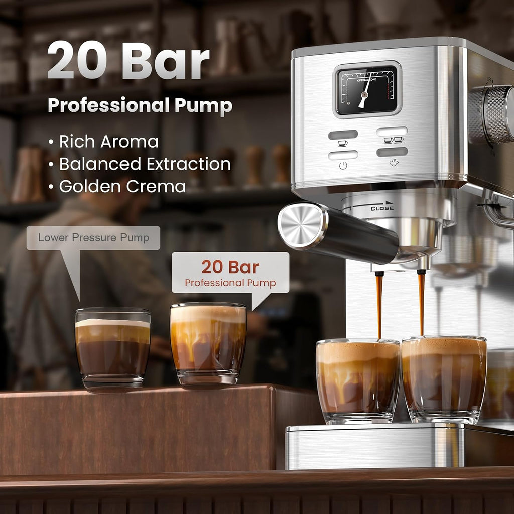 20 Bar Espresso Machine with Pressure Gauge & Steam Frother | Semi-automatic brewing, hot water function, 47 oz