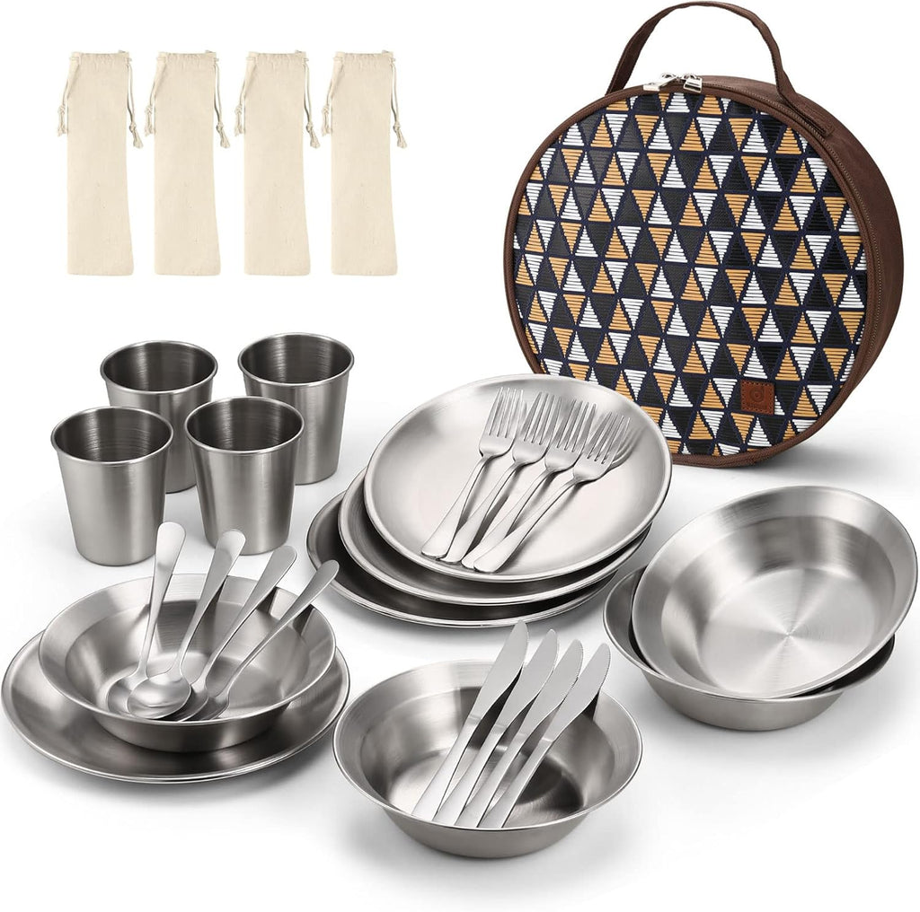 Stainless Steel Camping Mess Kit for Family & Person | Cooking Tableware Utensils with Plates Bowls Forks Spoons
