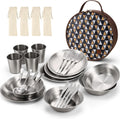 Stainless Steel Camping Mess Kit for Family & Person | Cooking Tableware Utensils with Plates Bowls Forks Spoons