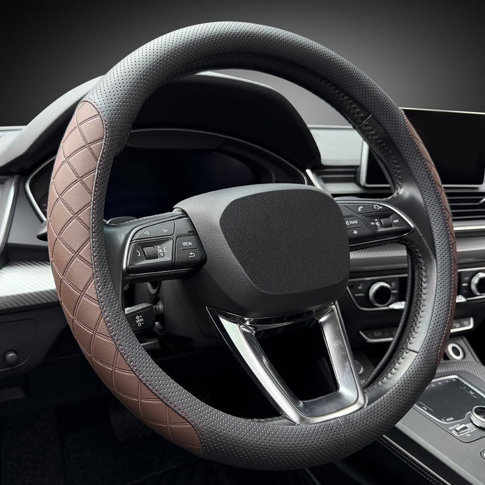 Nappa Leather Steering Wheel Cover,Elegant Diamond Checkered Design, Non-Slip wear-Resistant, Enhance Driving