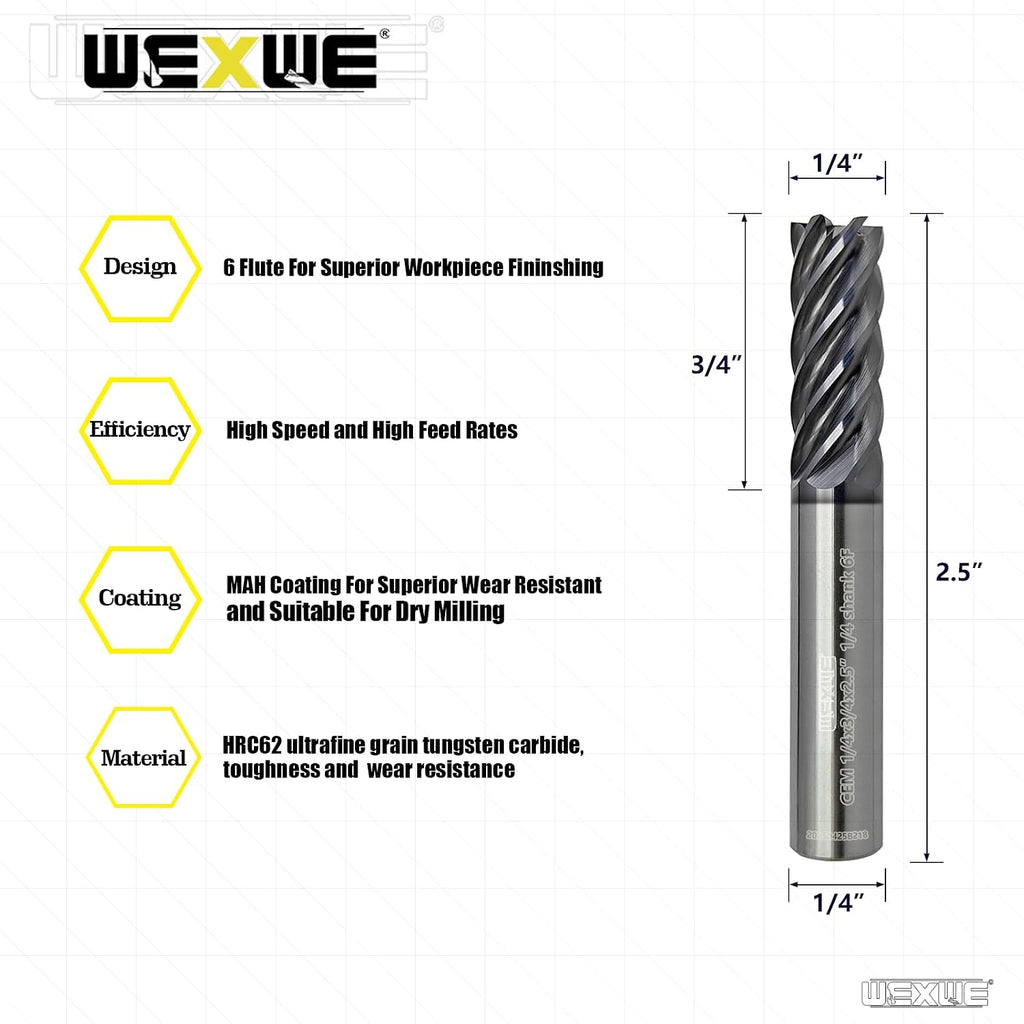 Tools Carbide End Mill Finish Machining Square Milling Cutter for Cutting Alloy Steels,Cast Iron, Hardened Steel - 6 Flute Cutting Tools 1/4 Shank (1/4-2.5" 1PCS)