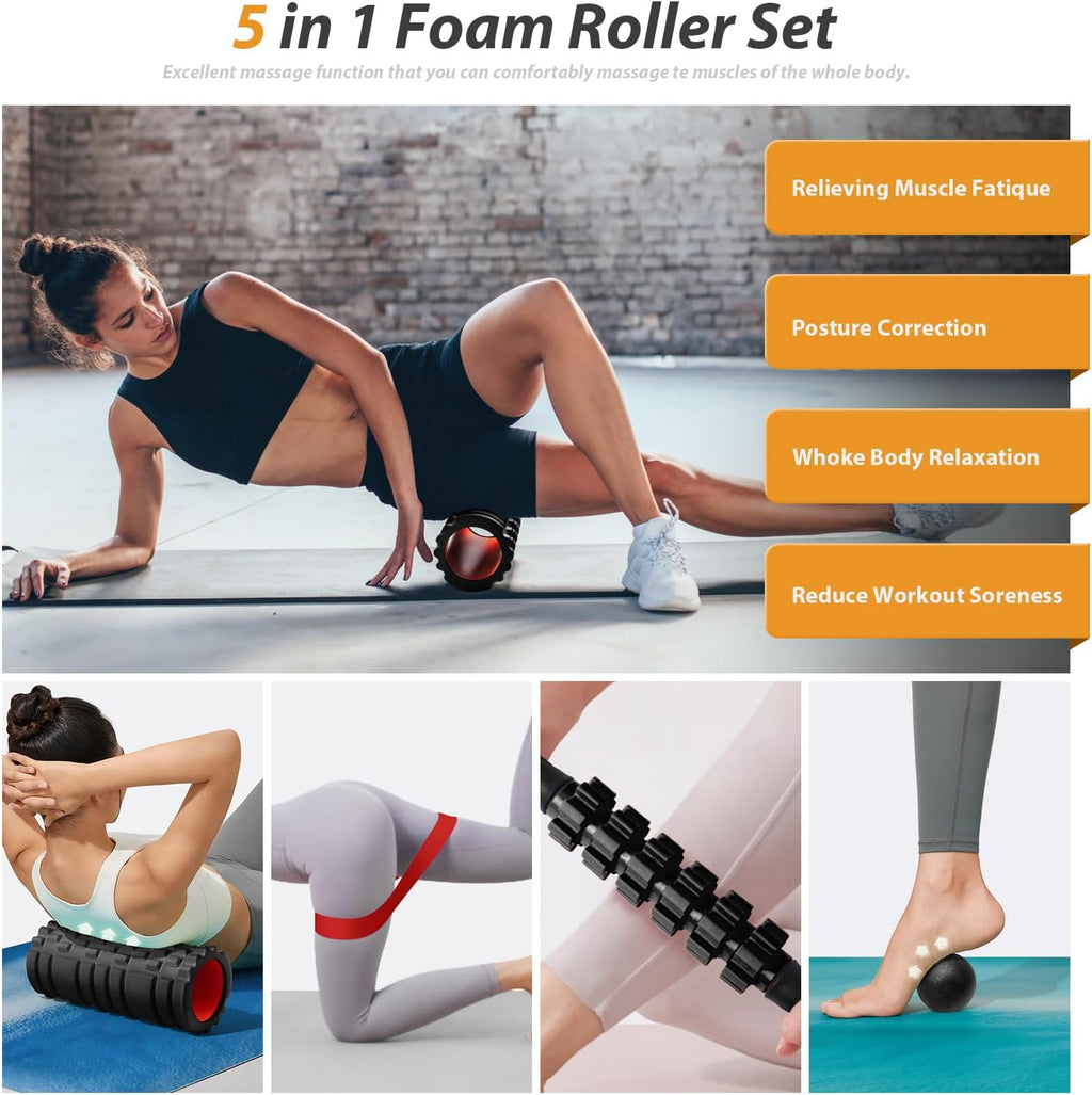 5 in1 Foam Roller Set, Trigger Point Foam Roller Deep Tissue | Massage Roller Stick, Massage Ball, Resistance Band