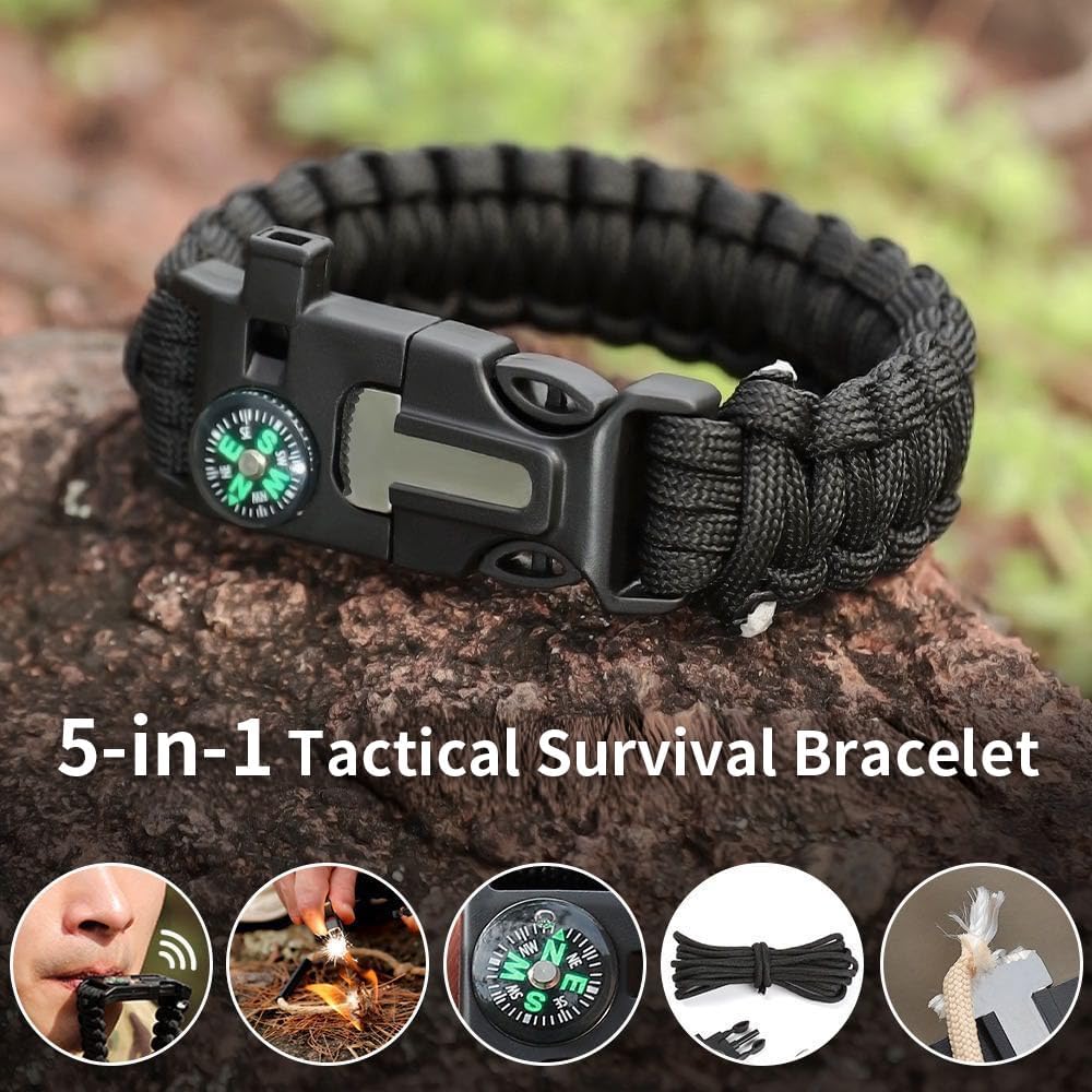 Bracelet, Emergency Hiking Survival Kit Fire Starter Compass Whistle, 9.5ft Continuous Strand Flint Steel Scraper 5 in 1