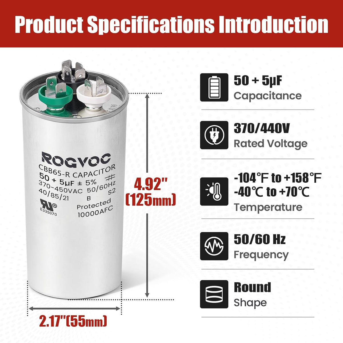 50+5 uF 50/5 MFD ±5% 370/440V CBB65 UL Certified Round Start Capacitor, Dual Run Capacitor for AC Compressor and Fan Motor, Replacement for Air Conditioner Condenser or Heat Pump Systems