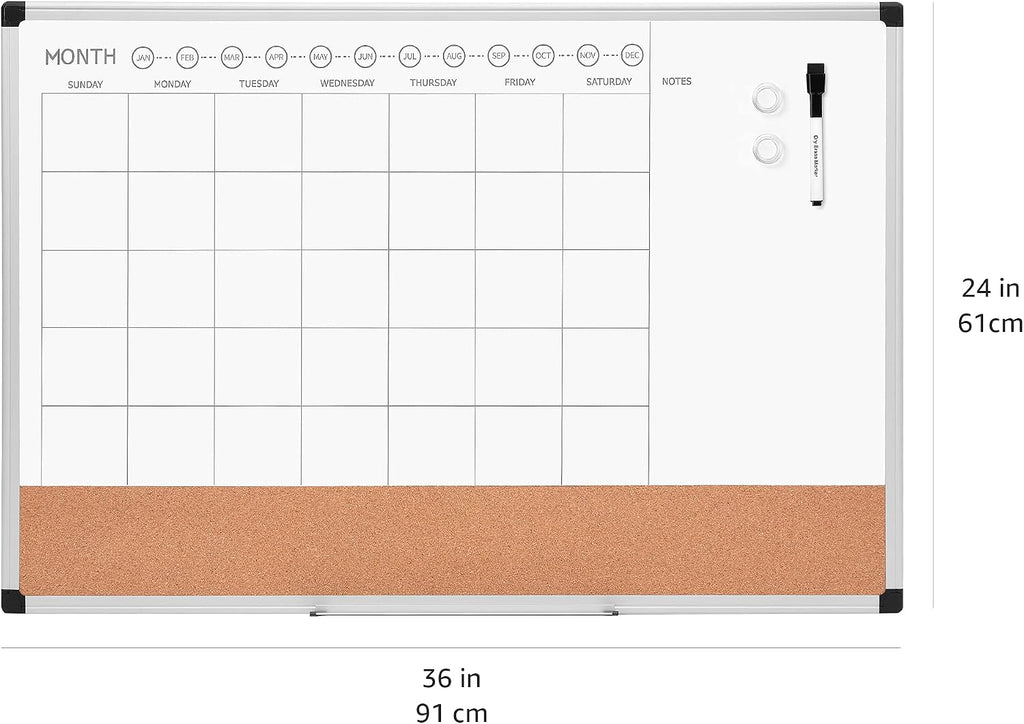 24" x 36" Monthly Whiteboard Calendar with Cork Board, Dry Erase Magnetic Whiteboard for Daily Planning, Wall