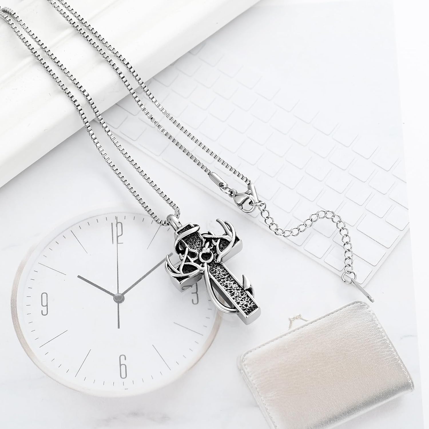 Cross Cremation Jewelry Urn Necklace for Human Ashes Fish Hook Memorial Urn Pendant Deer Antler Cross Ashes Holder