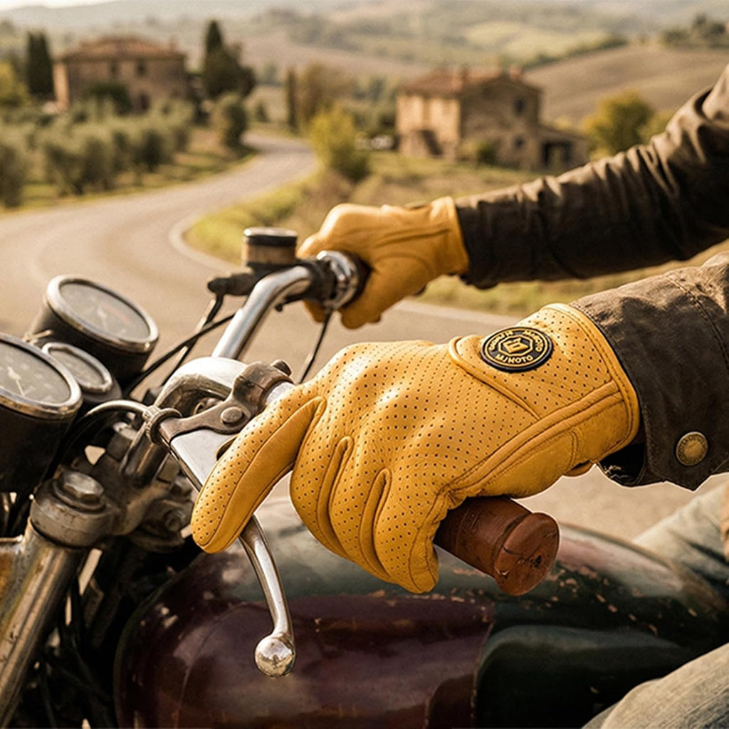 Classic Goat Leather Motorcycle Gloves, Touchscreen Breathable Summer Riding Gear for Men and Women