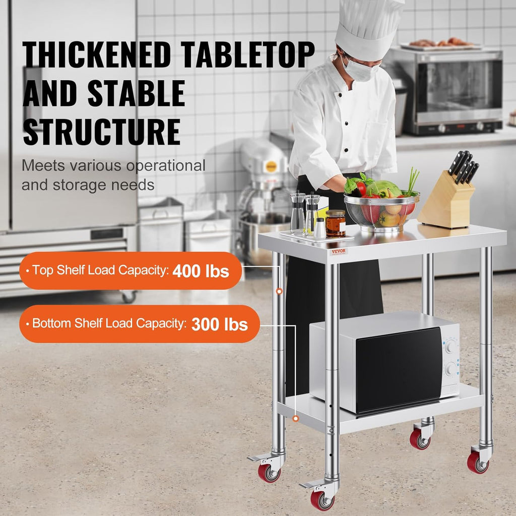 Stainless Steel Work Table 30 x 24 x 33 Inch Prep Tables 4 Caster