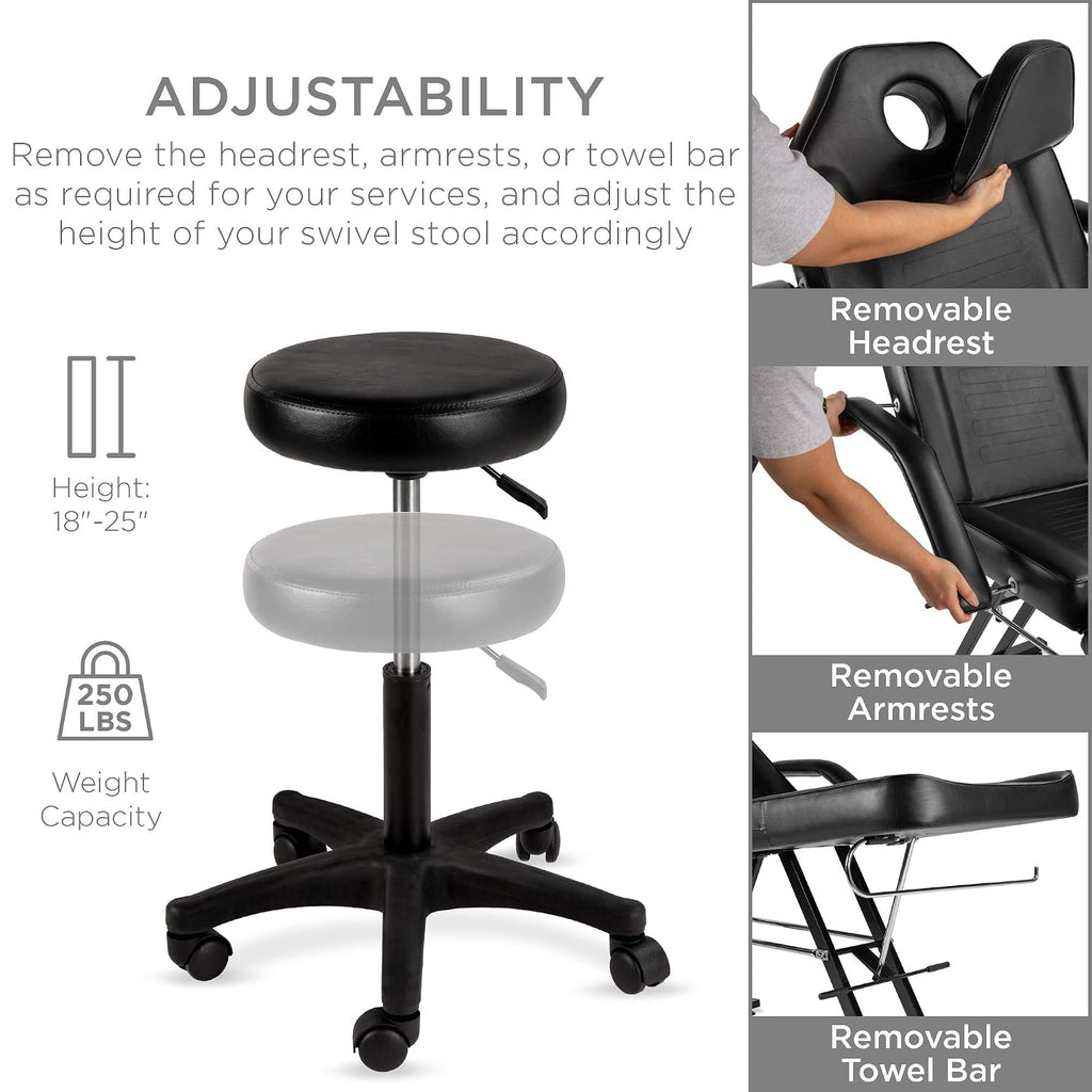 71in 3-Section Multipurpose Massage Bed, Spa & Salon Facial, Tattoo Chair w/Hydraulic Stool, Removable Headrest