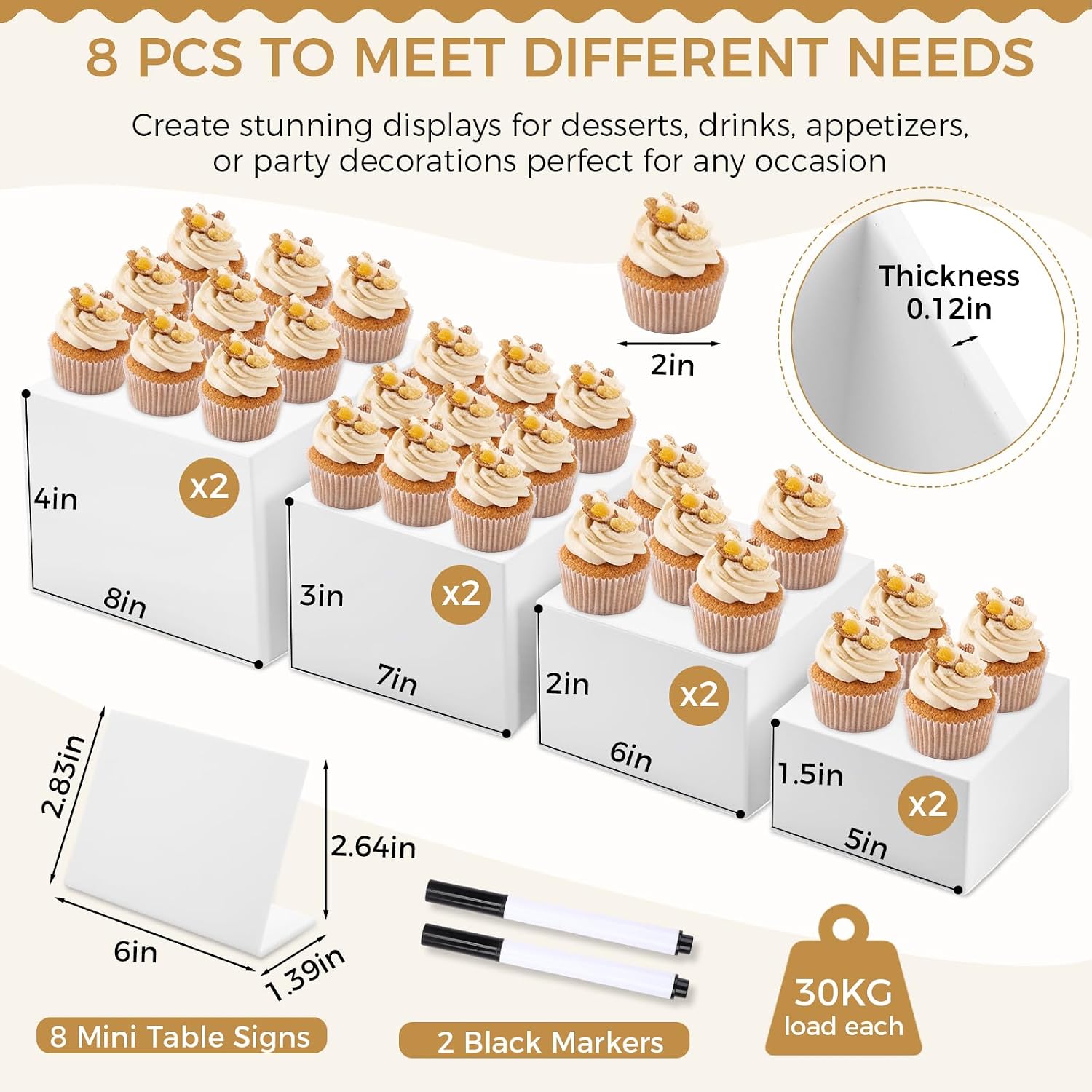 8 Pcs White Acrylic Buffet Risers with Mini Sign Marker(5" 6" 7" 8") | Food Dessert Display Stand, Decorative Cube Box