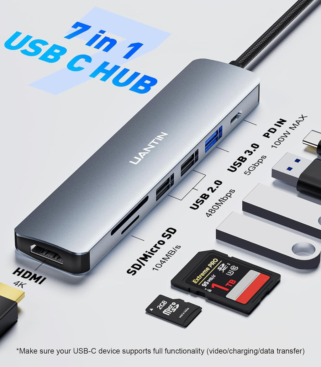 USB C Hub 7 in 1 Multiport Adapter with 4K HDMI Dongle, 100W PD, SD/TF Card Reader, 3 USB-A, USBC Docking Station for