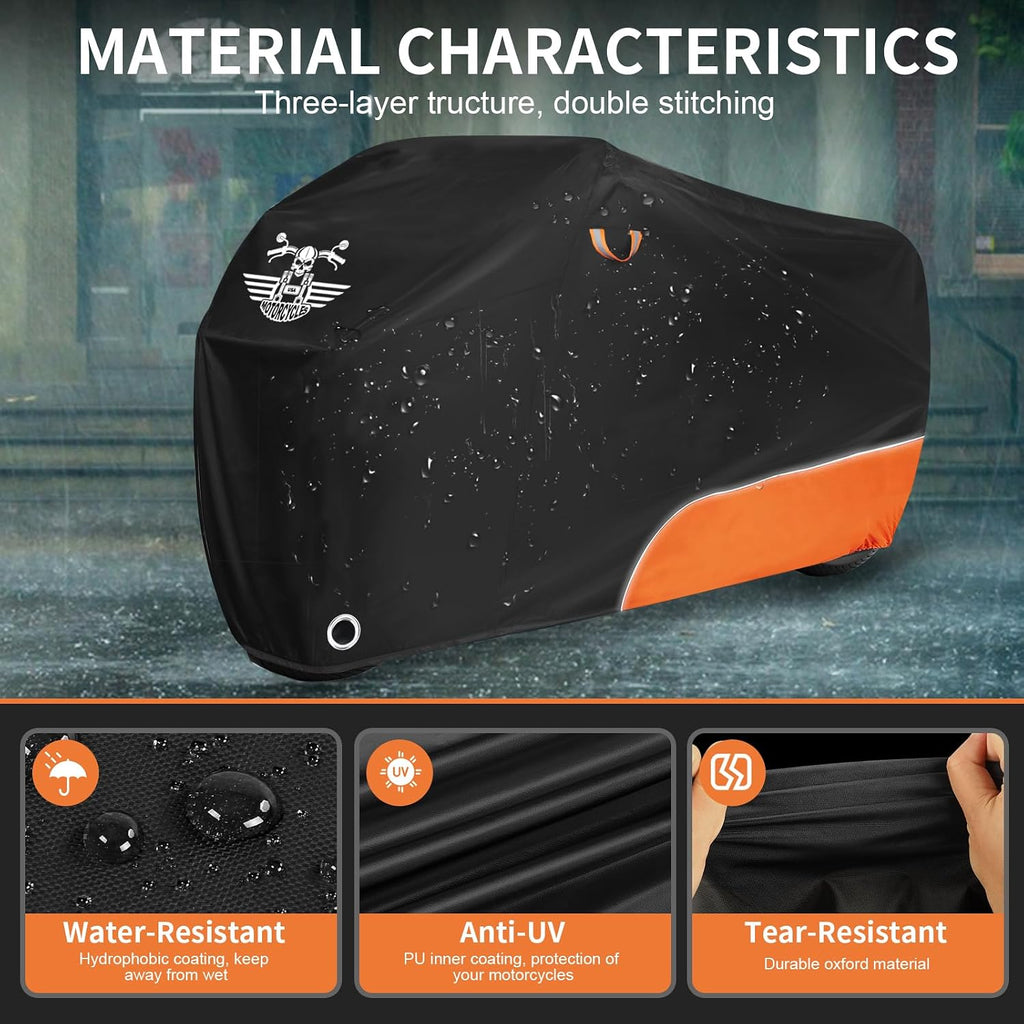 Motorcycle Cover Waterproof Outdoor Storage All Season Protection | 210D Orange, Fits up to 104", Lock-Holes, Storage