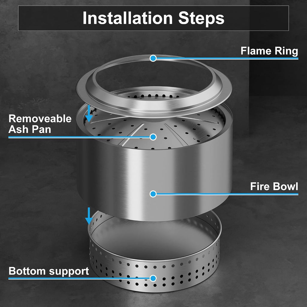 19.5 inch Smokeless FirePit with Waterproof Bag & Poker, Stainless Steel Outdoor Smokeless Fire Pit, Wood Burning