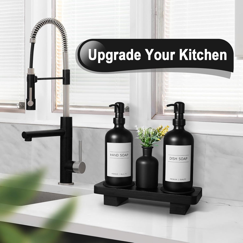 Dish Soap Dispenser for Kitchen, Black Hand Soap Dispenser with Stainless Steel Pump, Kitchen Soap Dispenser Set with