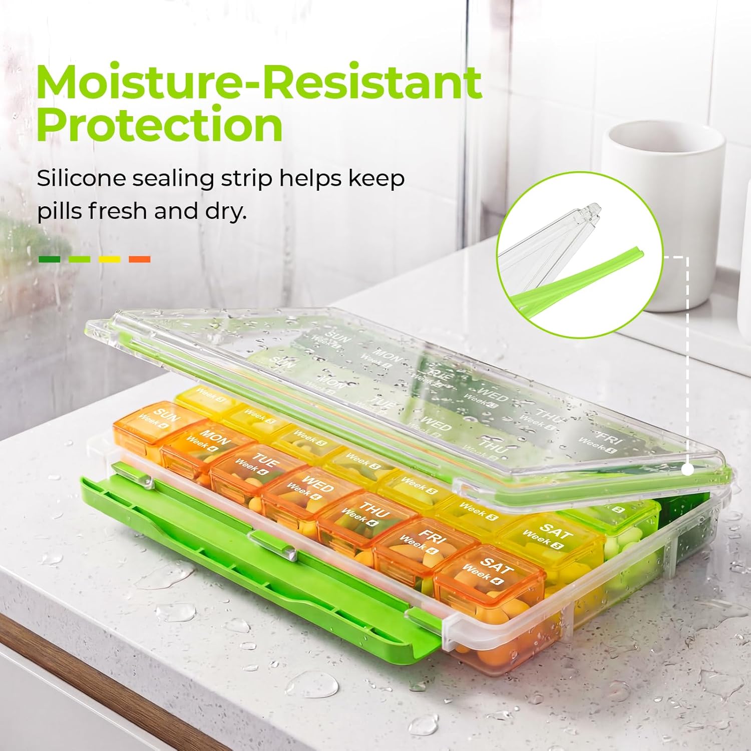 Moisture-Proof Monthly Pill Organizer, Large 28 Days Pill Box Case with Removable 4 Weeks Medication Organizer Rows