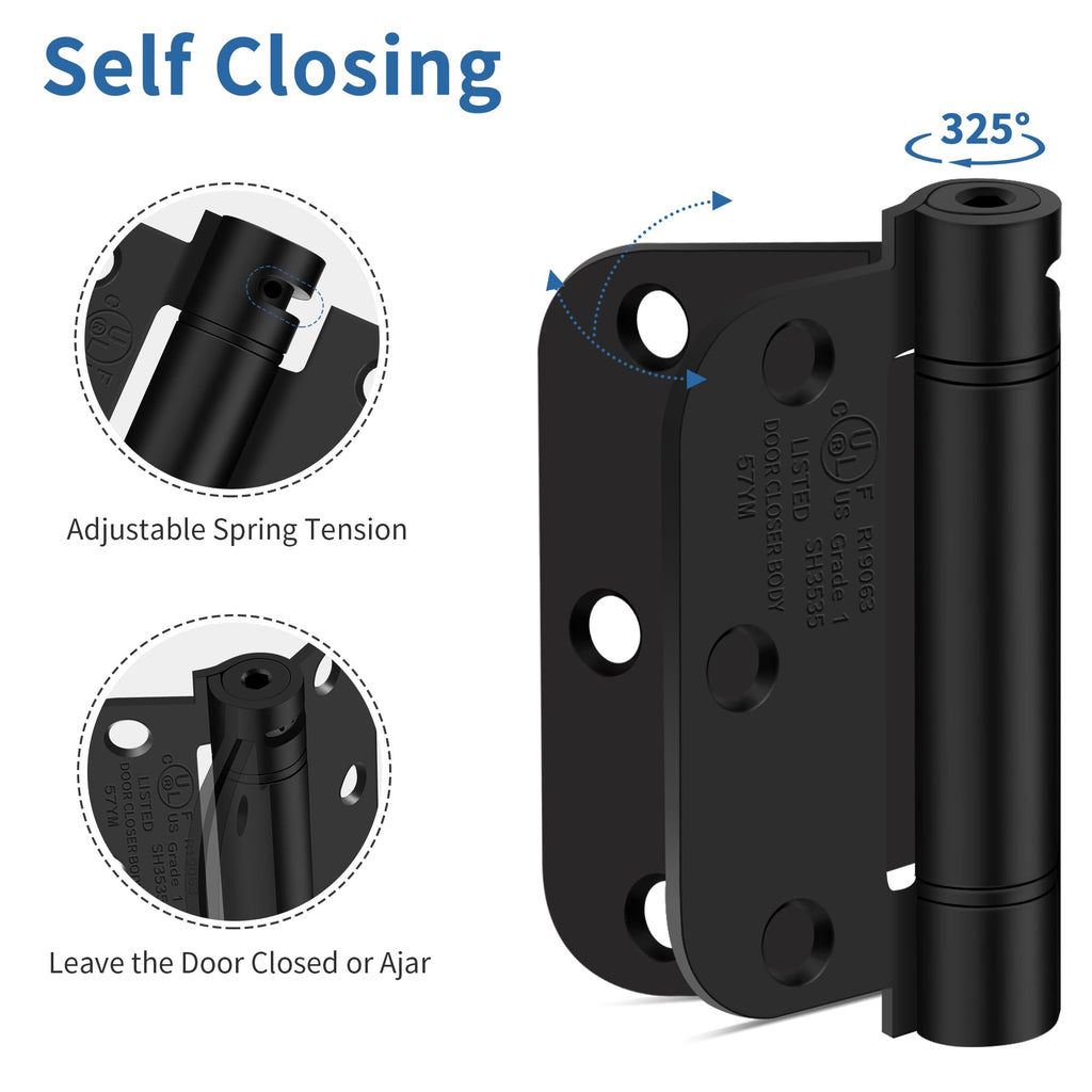 3.5 Inch Self Closing Door Hinges, 5/8" Radius Corners Spring Loaded Hings