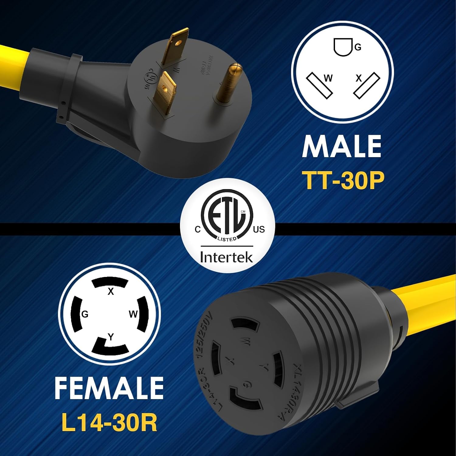 Generator Transfer Switch Adapter Cord TT-30 RV 30Amp to L14-30 Flexible with Ergonomic Handle, 30 Amp 3 Prong to 4