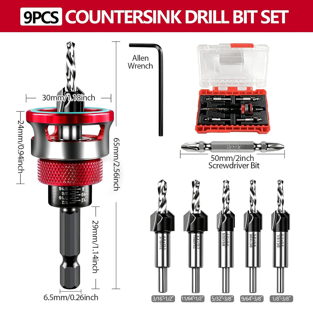 Countersink Drill Bit Set with Adjustable Depth Stop, 5PCS TCT Cutters