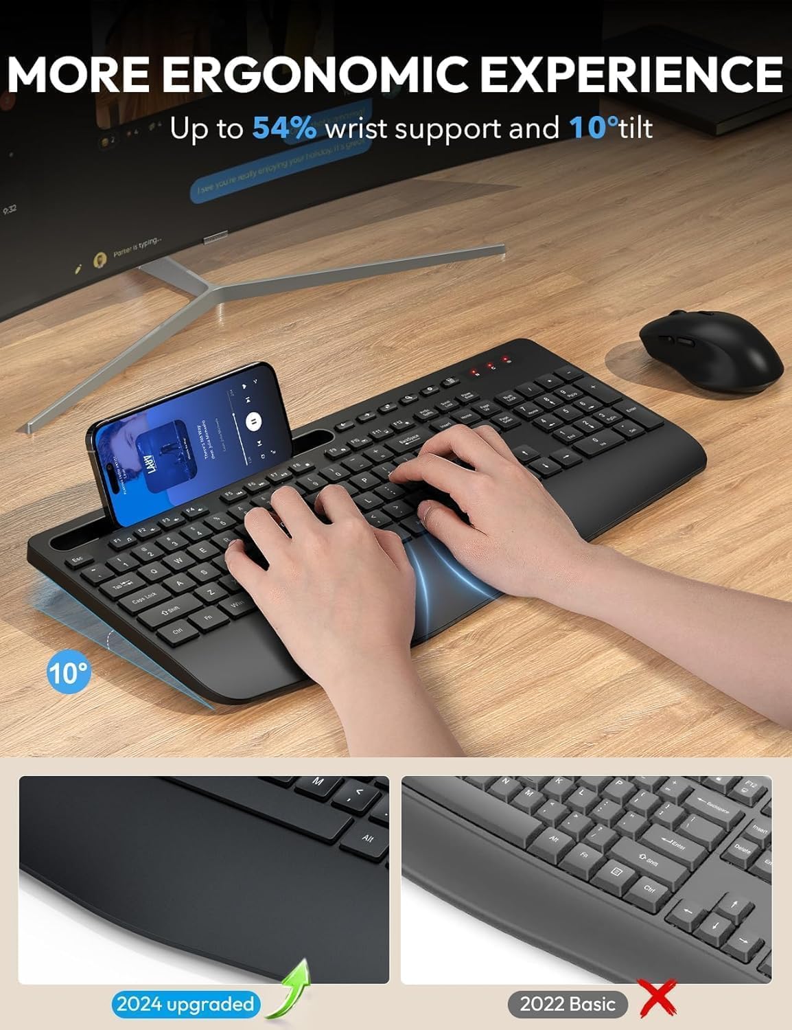 Wireless Keyboard and Mouse Combo, Full Size, Ergonomic Wrist Rest | Silent Typing, Phone Holder, 2.4 GHz, 3 Level