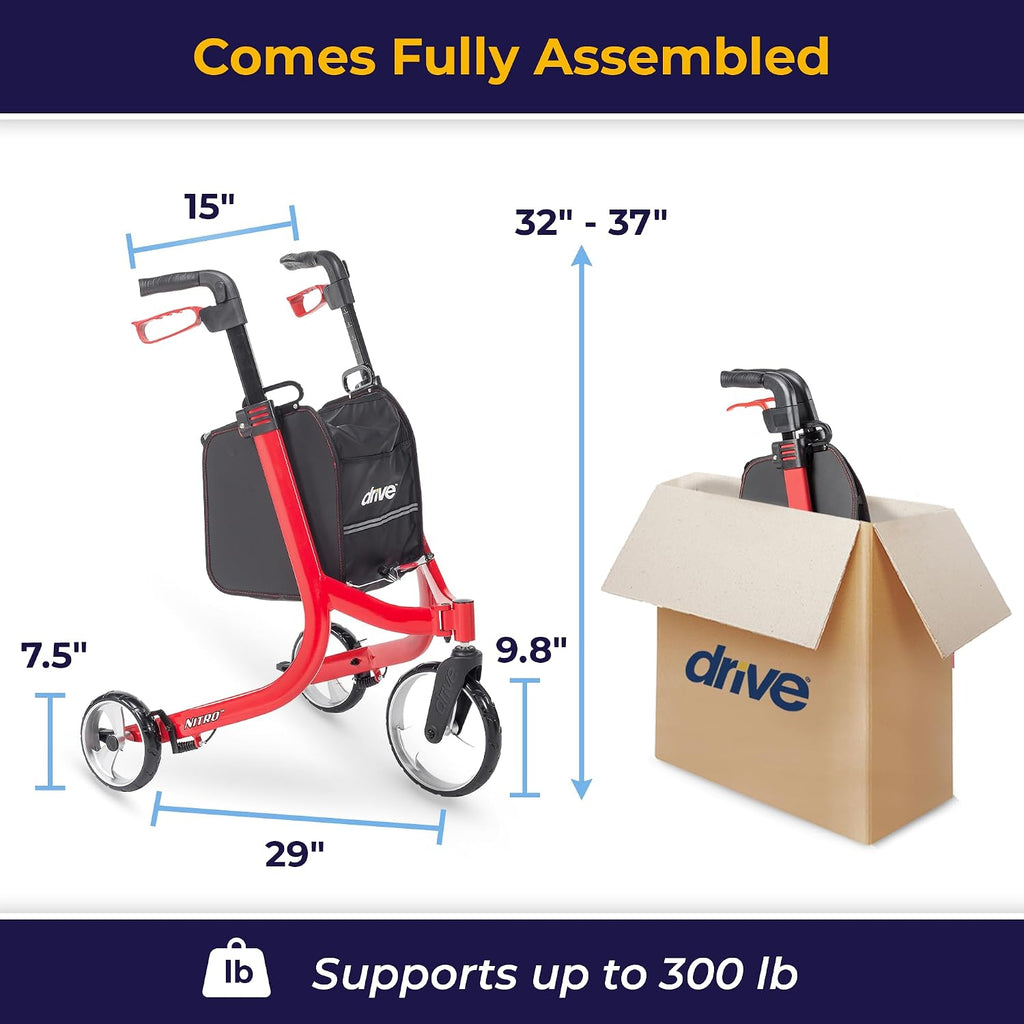 Nitro 3 Wheel Rollator Walker, Ultra Lightweight Rollator Walker with Wheels, Folding Rollator for Seniors and