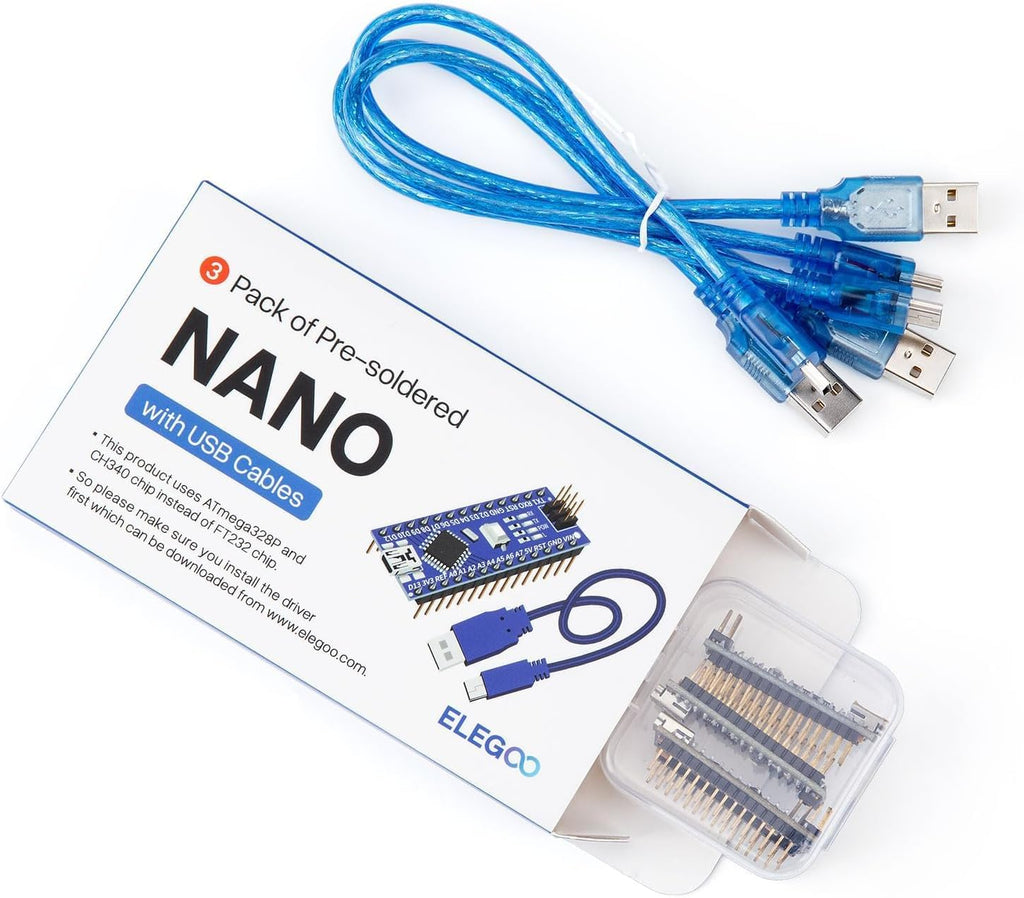 ELEGOO Nano V3 Boards with Mini-B USB Cables, ATmega328P, CH340, 3-Pack