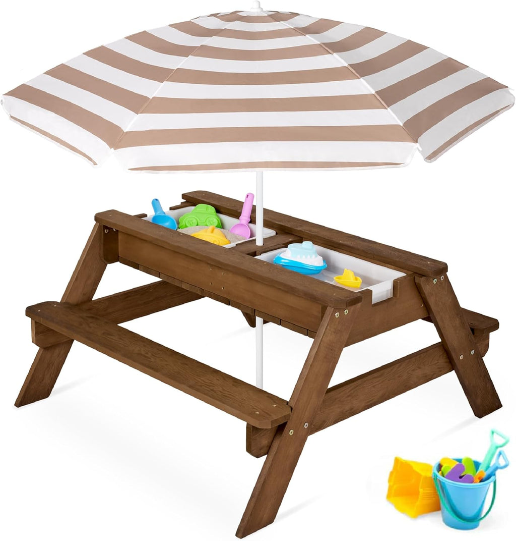 Kids Picnic Table with Umbrella, 3-in-1 Sand & Water Table, Outdoor Convertible Picnic Table for Toddlers, Seats 4