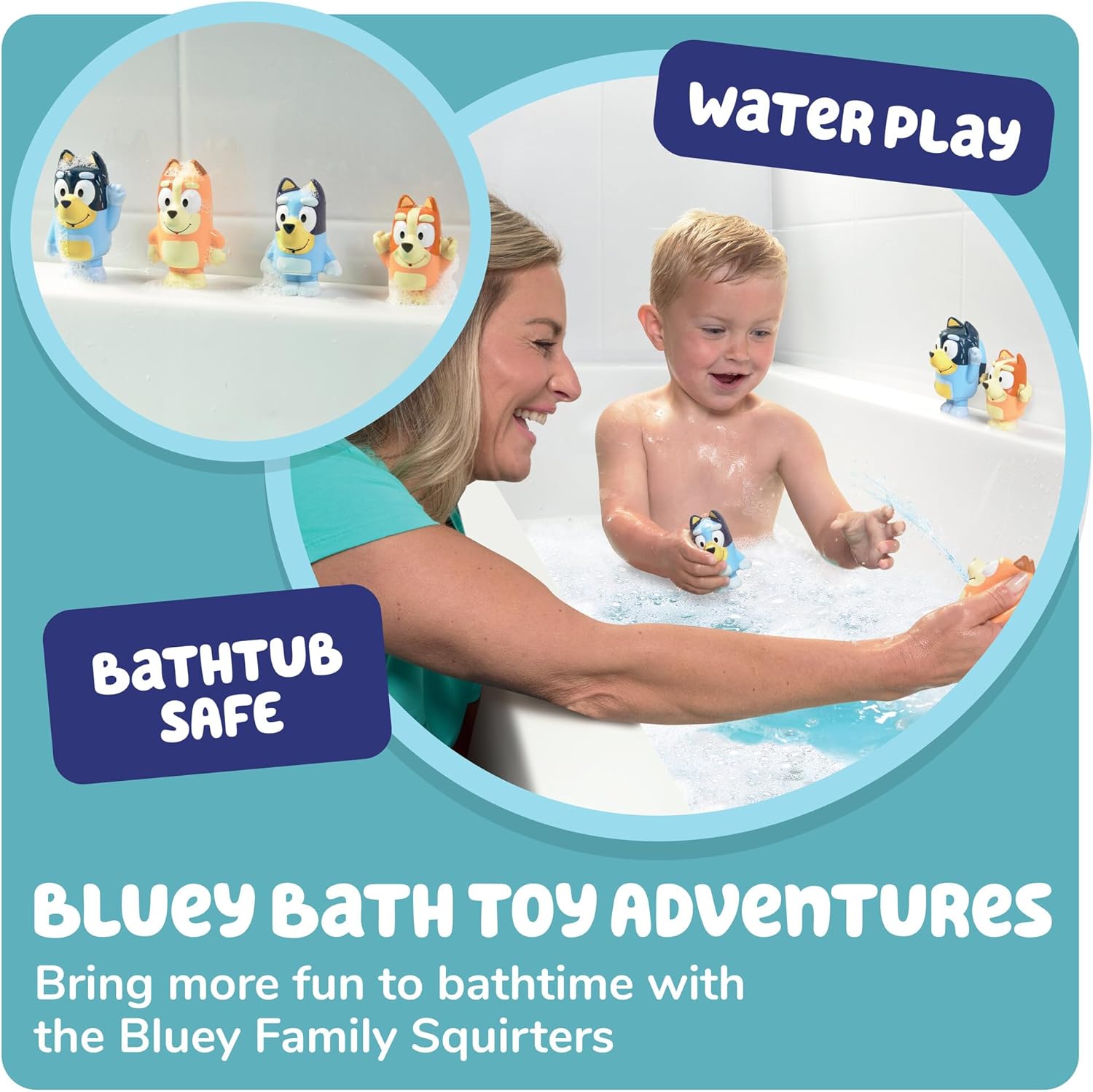 TOMY Toomies Bluey Bath Toy Squirters - Includes Bandit, Chilli, Bingo, and Bluey Figures – Toddler Water Toys for