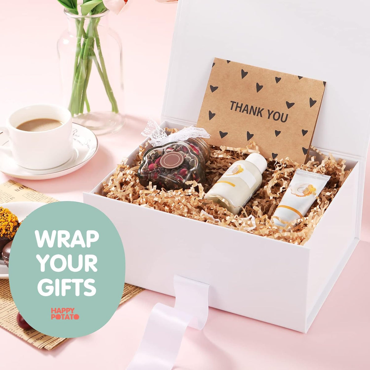 White Magnetic Gift Box with Lid and Ribbon 9x6.5x3.8 Inch