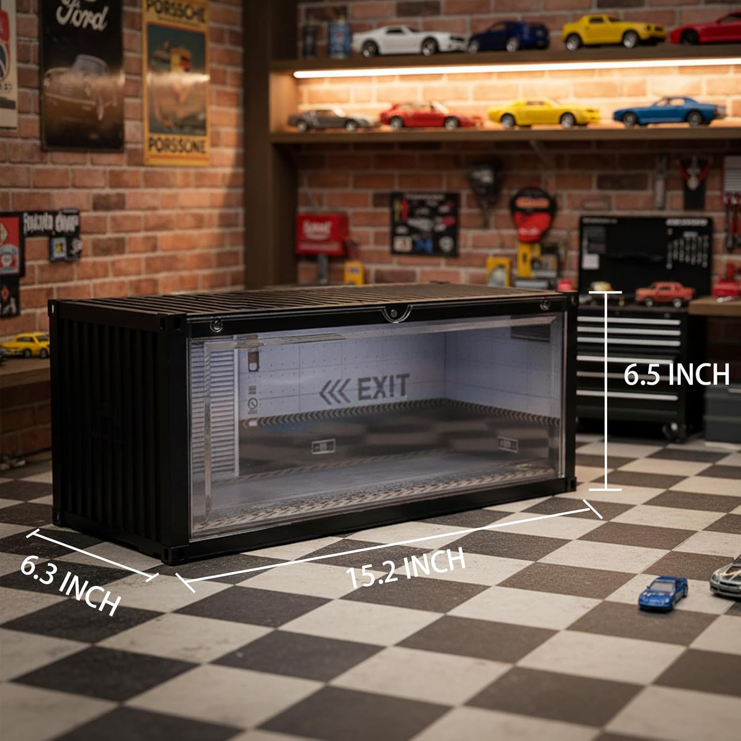 Display Case with LED Light for 1/18 Scale Model Car | Shipping Container Style Garage Diorama Show Case - Concrete