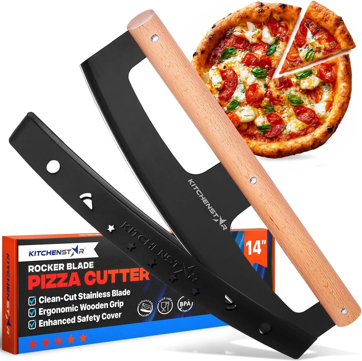 14-Inch Pizza Cutter Rocker Blade, 304 Stainless Steel Knife, Wooden Handle