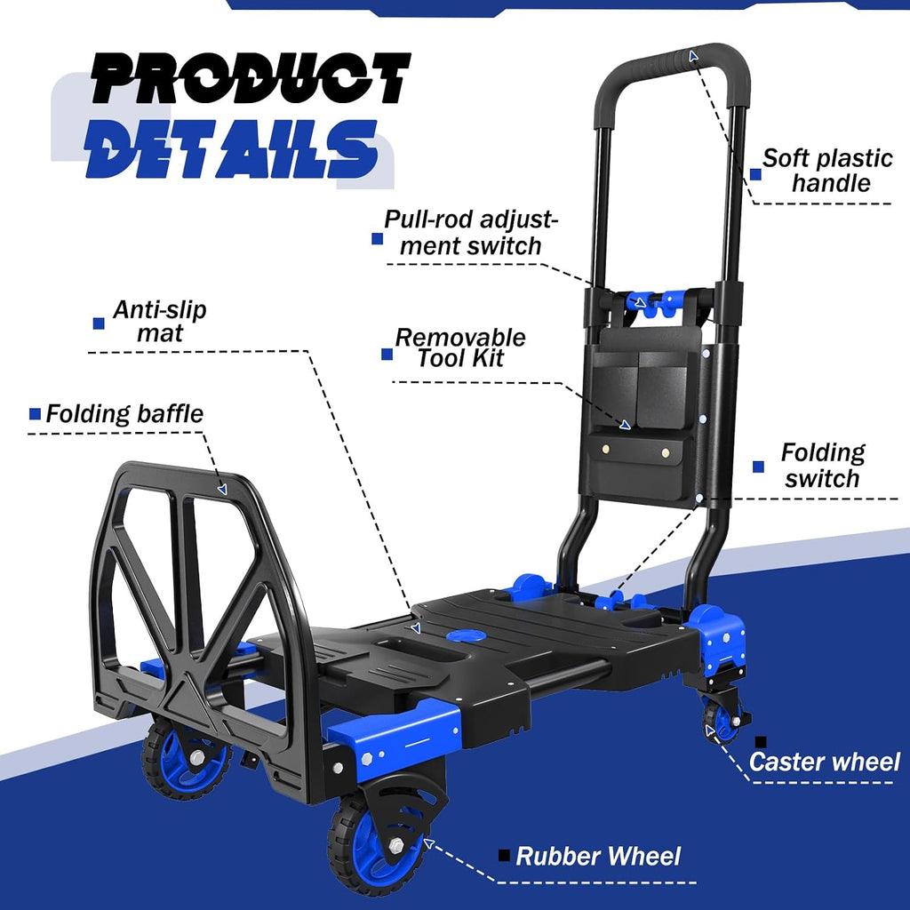 Folding Hand Truck, 2 in 1 Portable Heavy Duty Carrying Moving Dolly Cart with 4 Foldable Wheels and Retractable