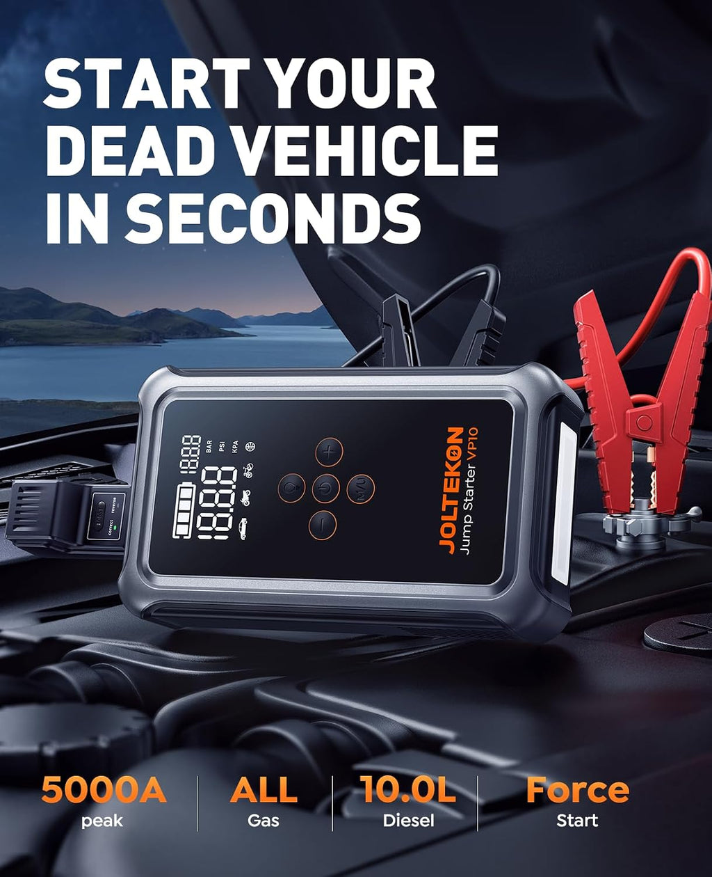 Jump Starter with Air Compressor, 5000A Portable Car Battery Jumper Starter(All Gas/10L Diesel) with 150PSI