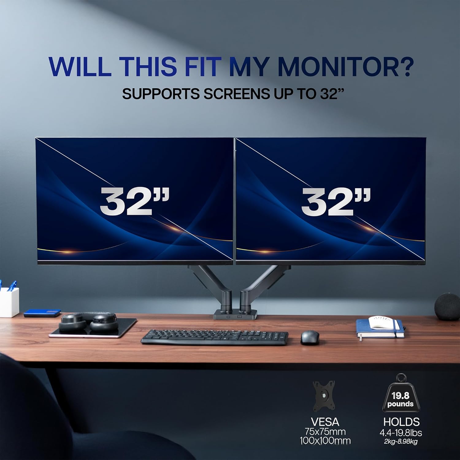 Dual Monitor Stand, Fully Adjustable Arms for 17 to 32 inch Screens, Mechanical Articulating Desk Mount, Gaming and