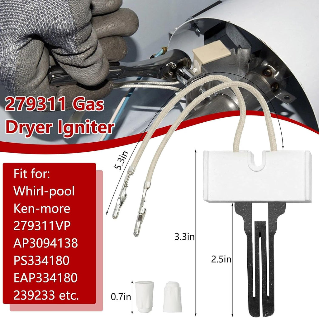 Gas Dryer Repair Kit, Dryer Parts 338906 Flame Sensor for Whirlpool Dryers, Replacement Part with 279311 Igniter with 279834 Gas Valve Solenoid Coil with 3392519 Thermal Fuse for Kenmore Dryers