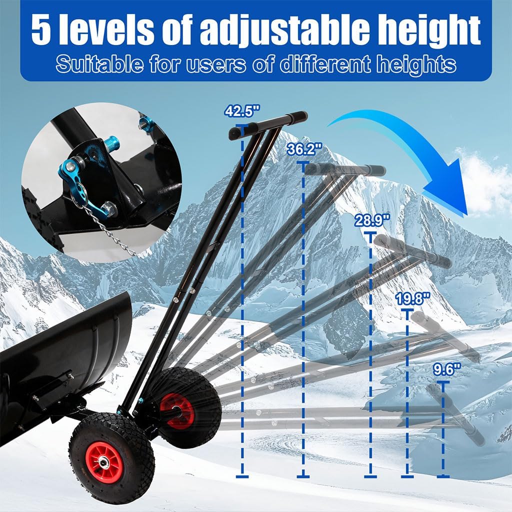Heavy-Duty Snow Shovel with Wheels, 30" Wide Metal Snow Pusher with Adjustable Height & Angle Handle, Carbon Steel