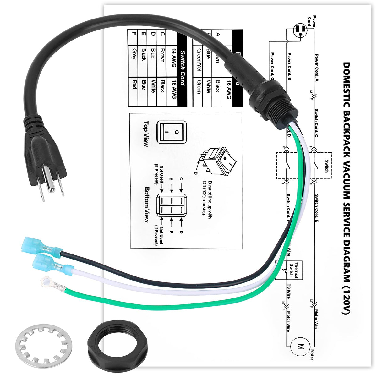 103181 Power Cord Replacement Proteam Vacuum Cord, 3 Wire w/Nut & Washer
