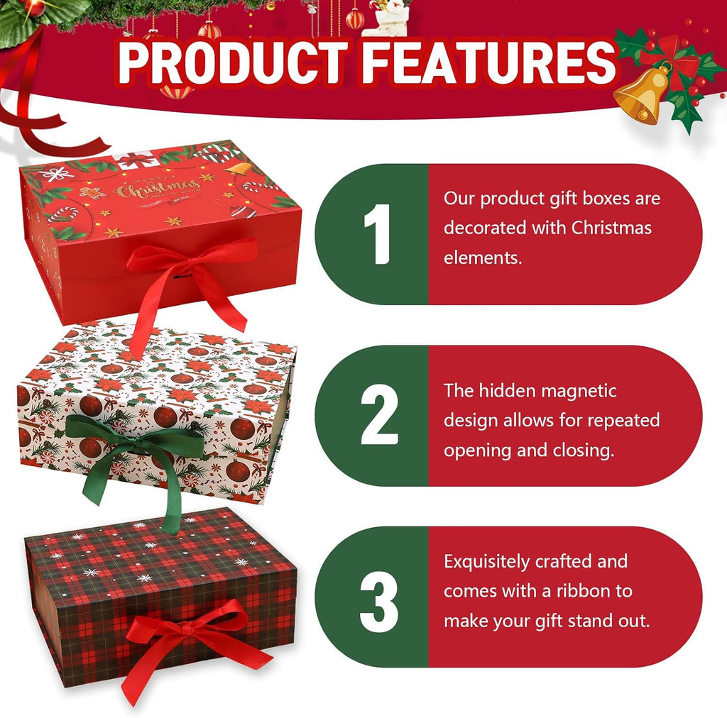 Christmas Magnetic Gift Boxes with Lids, Collapsible Hardboard Gift Packaging, Red & Green Holiday Boxes for