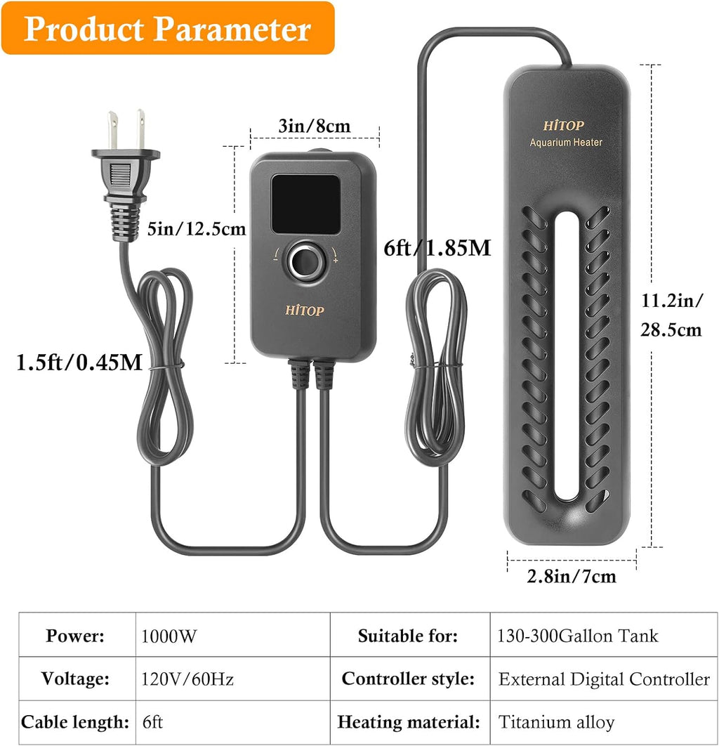 1000W Digital Aquarium Heater: Titanium Fish Tank Heater with Temperature Control Device, Submersible Heater for