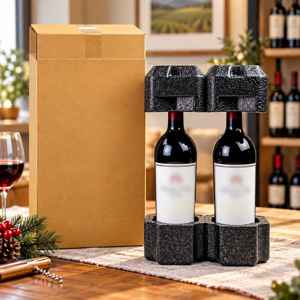 Double Bottle Wine Shipping Box with Protective Foam Insert, Recyclable Corrugated Mailer, Fits Most 750ml Wine