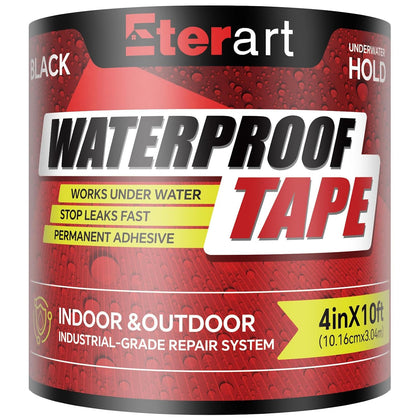 Waterproof Tape Black, Seal Repair for Roofs, Pool Liners & Pipes, 4"x10FT