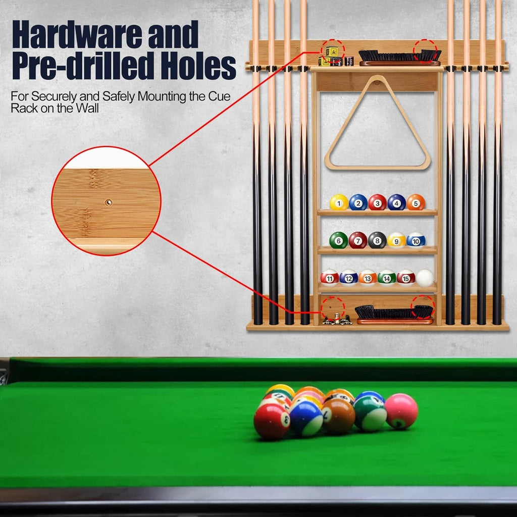 Pool Cue Rack Wall Mount,Cue Stick Holder,Wall Pool Stick Holder,Bamboo | Holds 8 Cues and Full Set of Balls, Pool