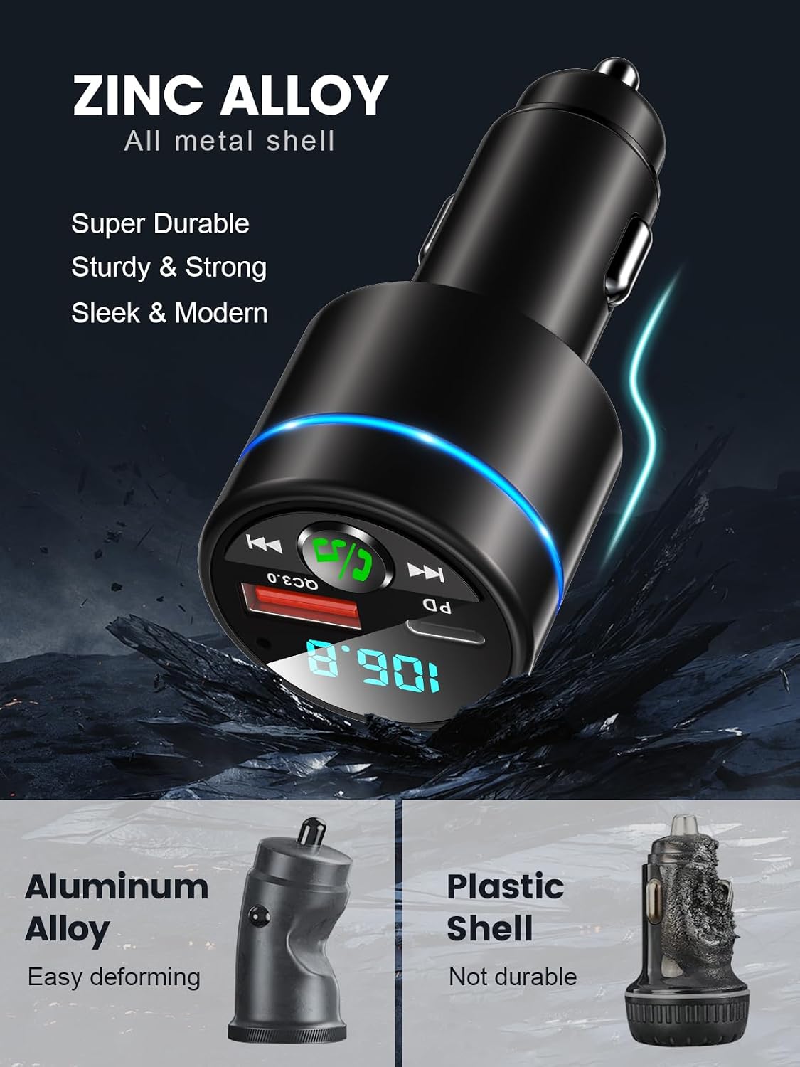 FM Transmitter for Car Bluetooth 5.3, [All-Metal] PD 30W & QC3.0 18W Fast Car Charger, Wireless FM Radio Kit