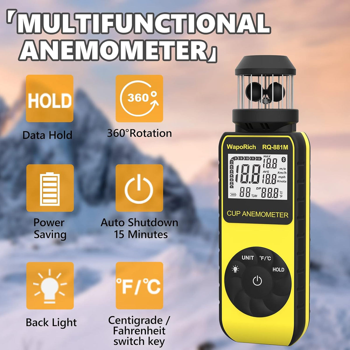 Wind Cup Anemometer 1.5-93MPH, Digital Wind Speed Meter RQ-881M