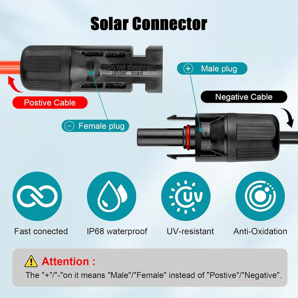 10 AWG Solar Extension Cable 2FT Black + 2FT Red, 10 Gauge Solar Panel Wire Male to Female Tinned Copper Wire for