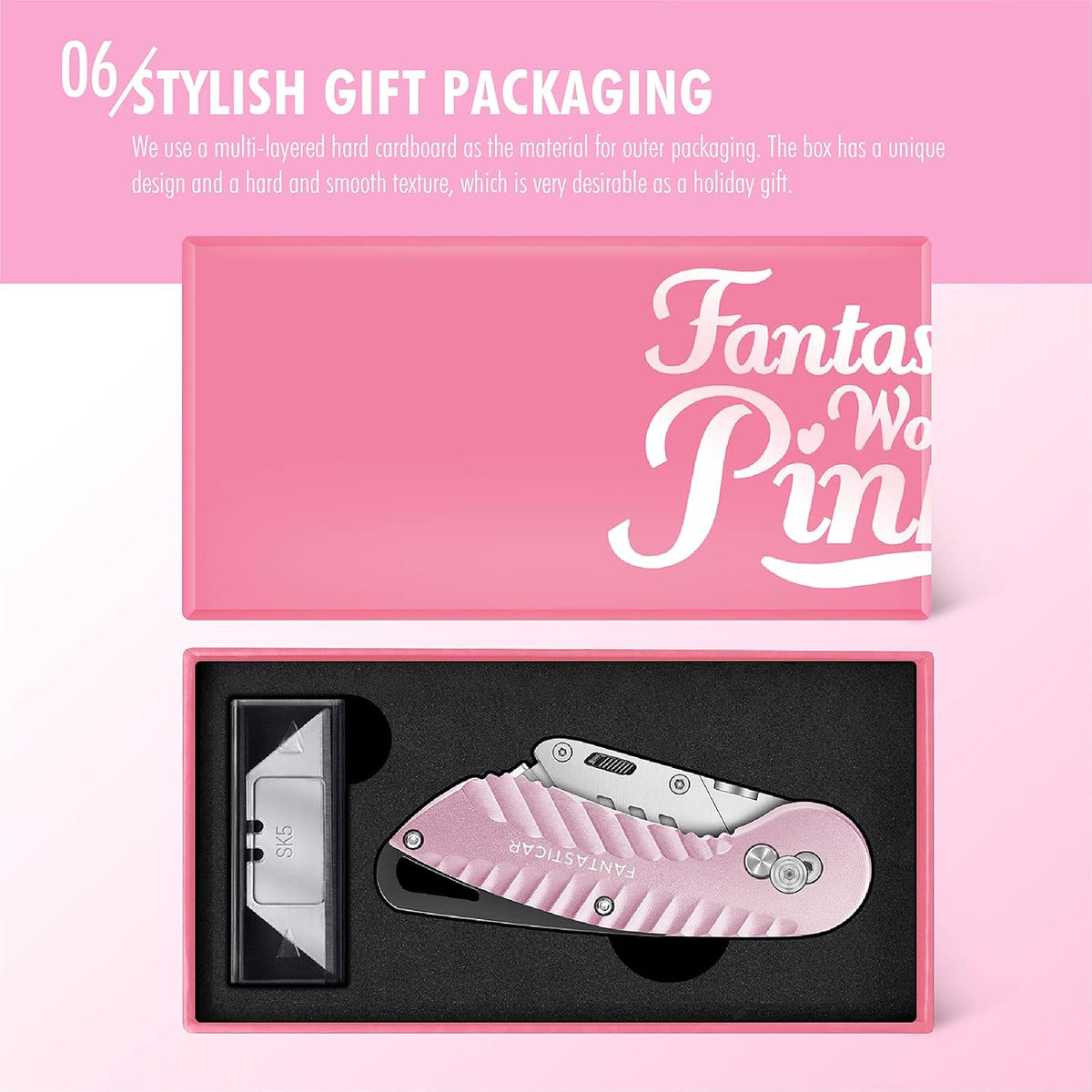 Folding Box Cutter, Utility Knife with Extra 5 Blades (Pink)