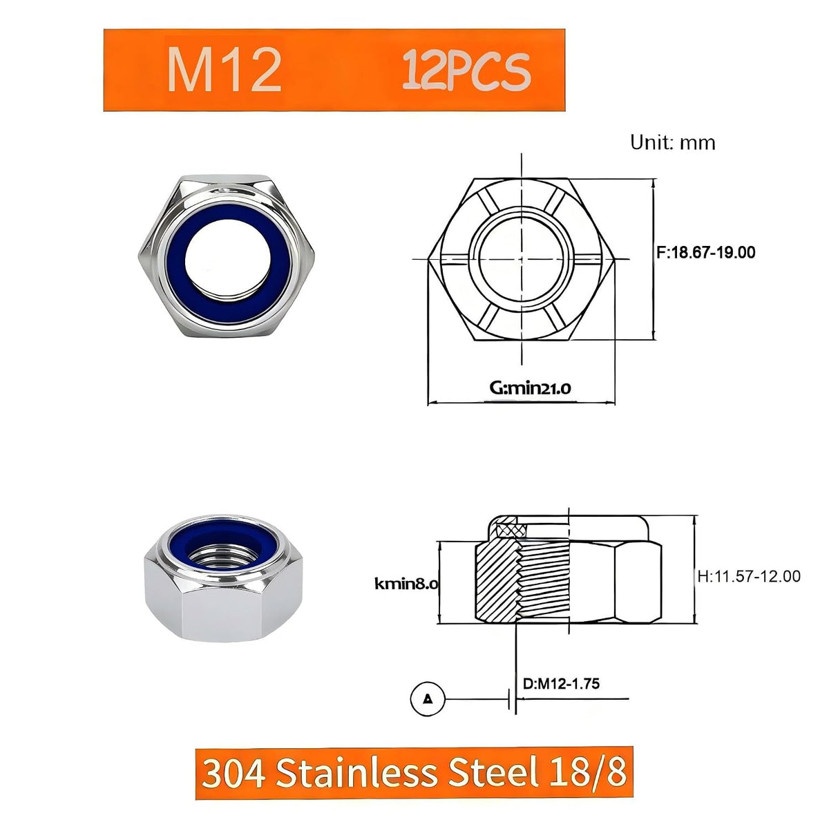 M12-1.75mm Locknuts, 12PCS 304 (A2-70) Stainless Steel Nylon Insert Lock Nuts,Standard Metric Thread Nylock Nuts