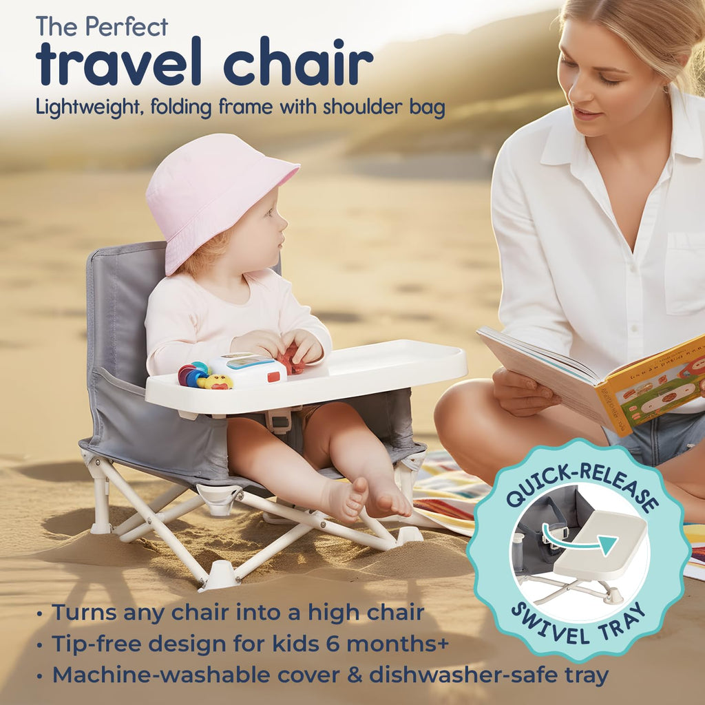 OmniBoost Travel Booster Seat with Tray for Baby, Dining Table, Camping, Beach, Grandma’s | Folding Portable Tip-Free