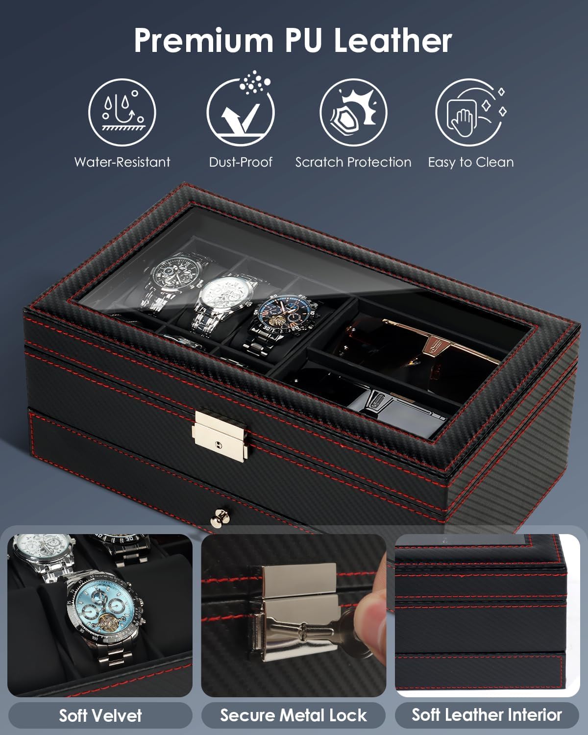 Watch Jewelry Box Organizer, 6-Slot 2-Layer Watch Case and Sunglasses Storage with Large Glass Lid, Men's Jewelry Box