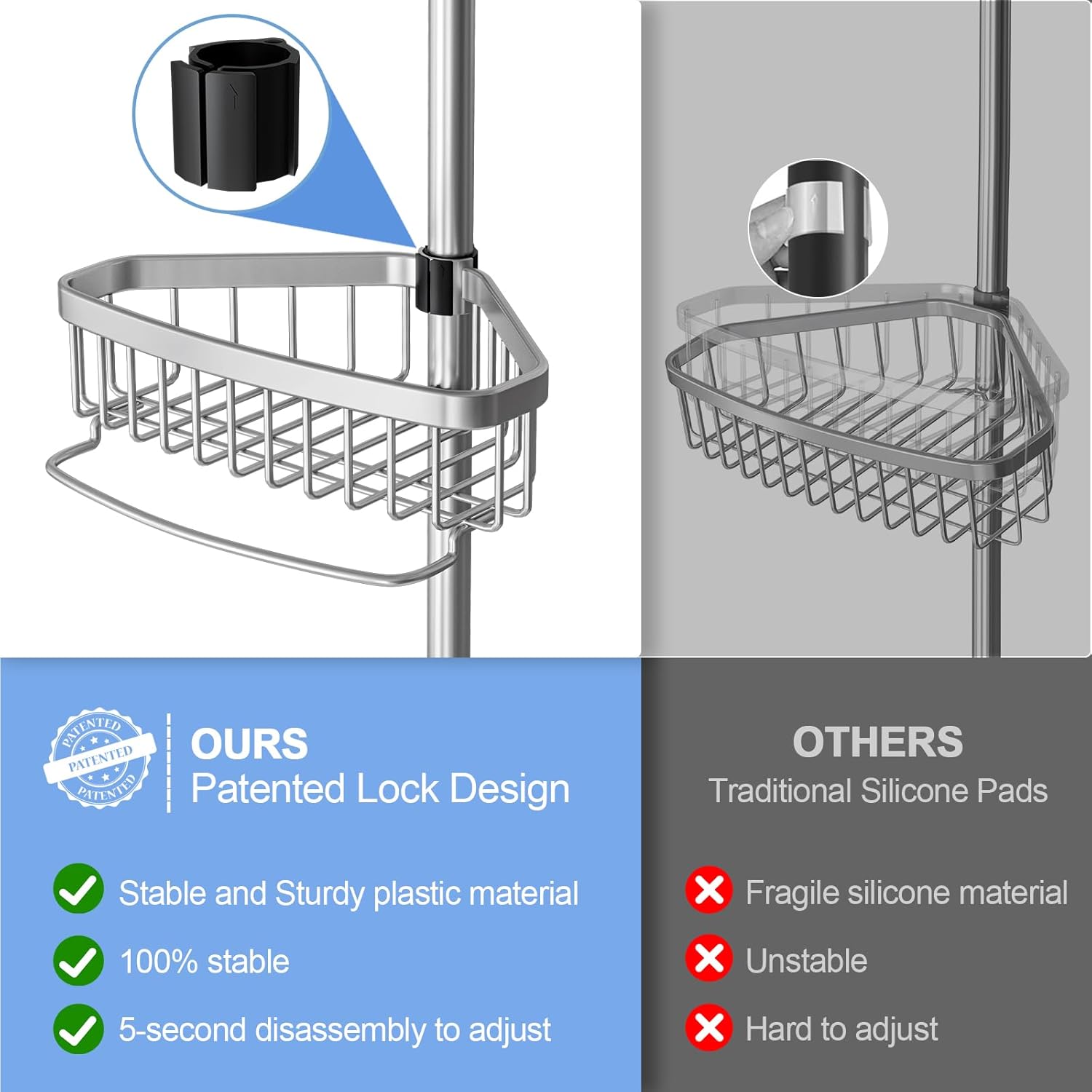 Corner Shower Caddy Tension Pole: Adjustable Rustproof 4-Tier Inside Bathroom Organizer - 47-121 inch Quick